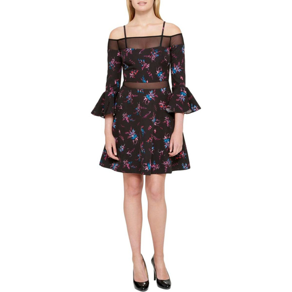 Guess Off-The-Shoulder Bell Sleeve Fit Flare Dress - Picture 1 of 6